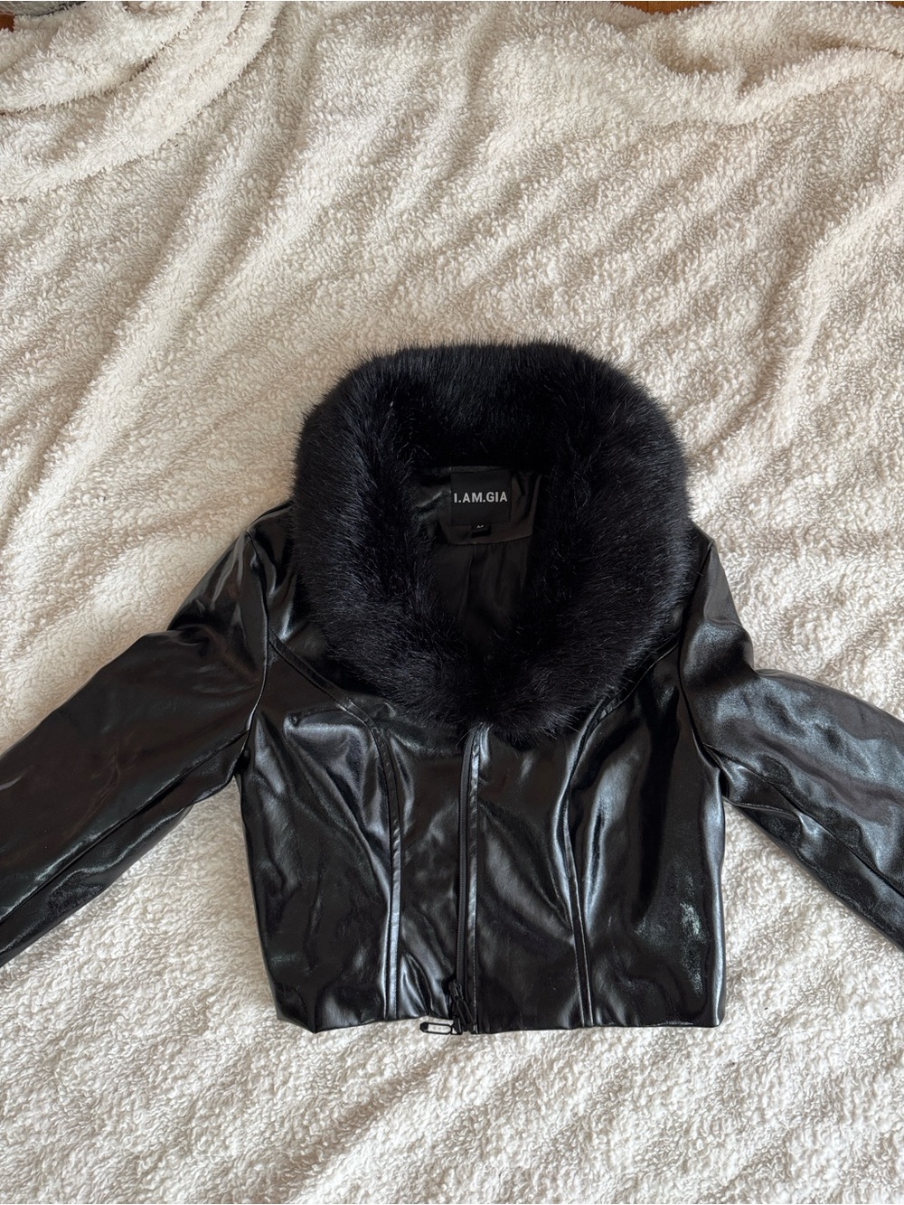 I.AM.GIA Black Faux Leather Cropped Jacket with Black Faux Fur Collar